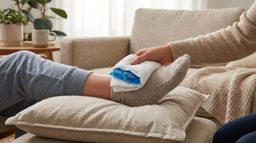 Une personne applique une poche de glace enveloppée dans un tissu sur son pied posé sur un coussin pour réduire un œdème.