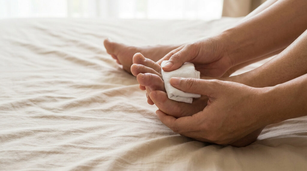 Une personne applique une compresse froide ou un pansement sur son orteil blessé en étant assise sur un lit.