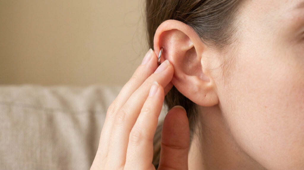 Gros plan sur l'oreille d'une personne touchant son piercing à l'hélix avec ses doigts.