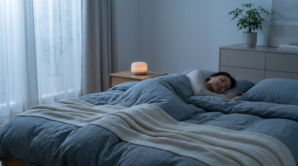 Une femme dort paisiblement dans un lit douillet avec une veilleuse à la lumière douce sur la table de chevet.