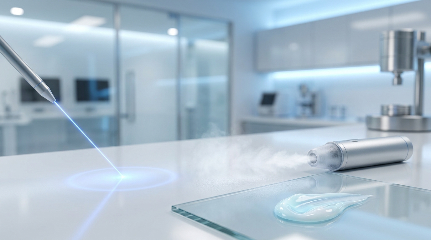 Appareil émettant un rayon laser bleu et dispositif de cryothérapie sur une paillasse de laboratoire médical.