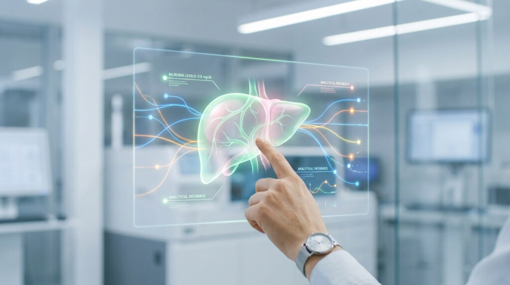 Main touchant une interface holographique représentant un foie humain et des données de bilirubine dans un laboratoire.