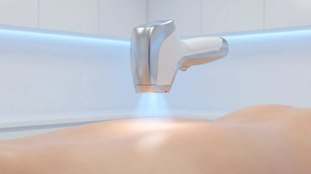 Appareil laser professionnel émettant une lumière bleue sur une peau humaine pour un traitement esthétique.