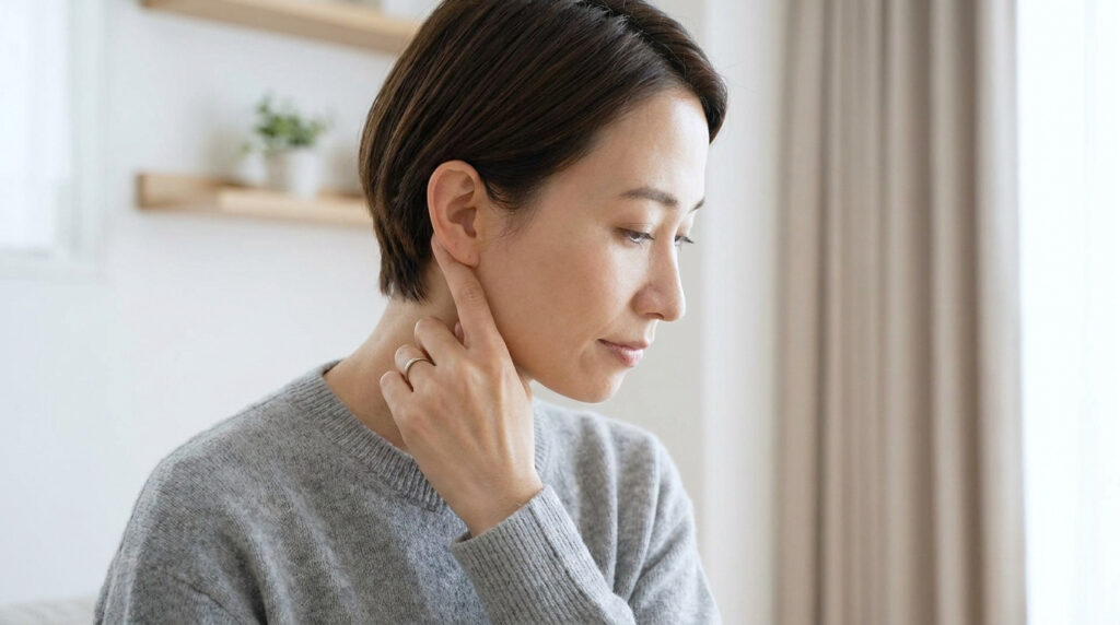 Une femme vérifie une zone derrière son oreille avec son doigt, préoccupée par une éventuelle grosseur.