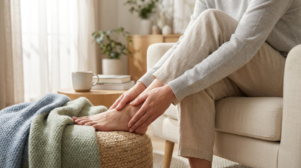 Une personne assise dans un fauteuil masse délicatement son pied douloureux dans un intérieur apaisant.