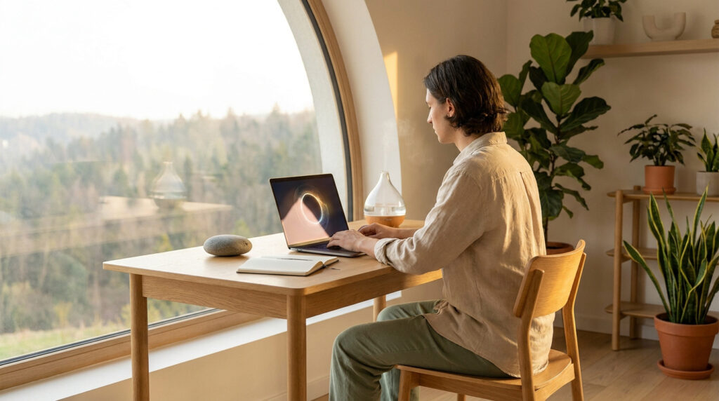 Une personne travaillant sur un ordinateur portable dans un bureau lumineux et végétalisé face à une grande fenêtre.