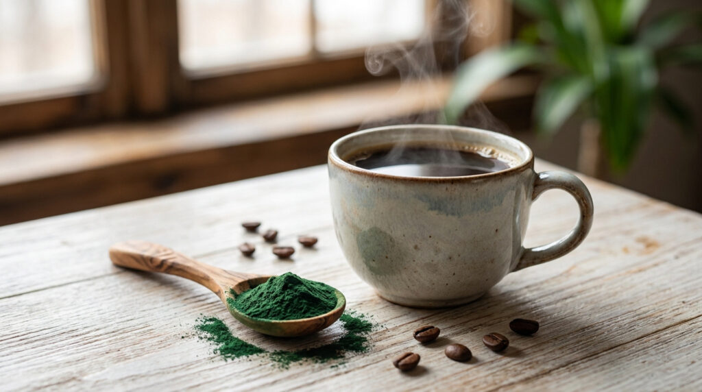 Une tasse de café fumant à côté d'une cuillère en bois remplie de poudre de spiruline verte sur une table en bois.