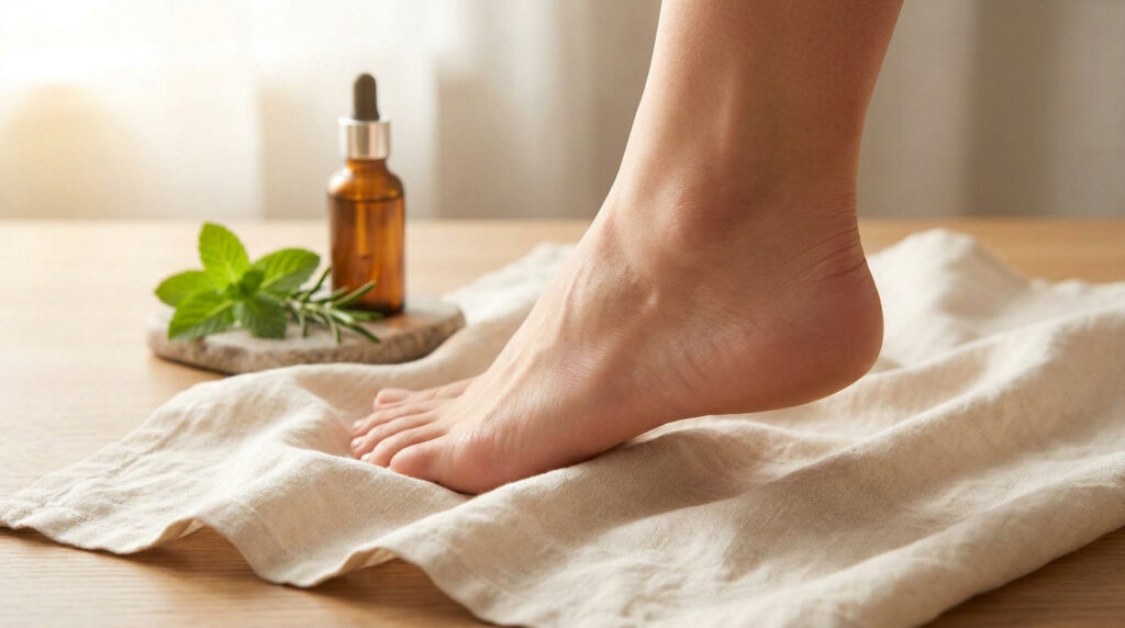 Pied posé sur un tissu sur une table en bois à côté d'une huile essentielle et de feuilles de menthe.