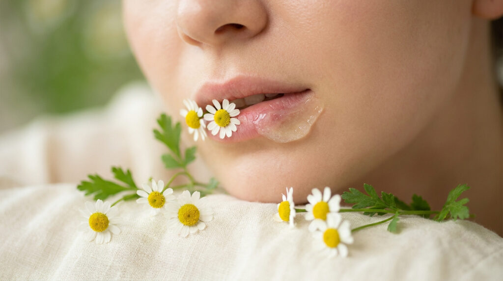 Gros plan sur une bouche apaisée par un gel réparateur, entourée de fleurs de camomille délicates.