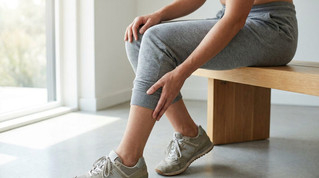 Une personne assise sur un banc en bois tenant son mollet douloureux.