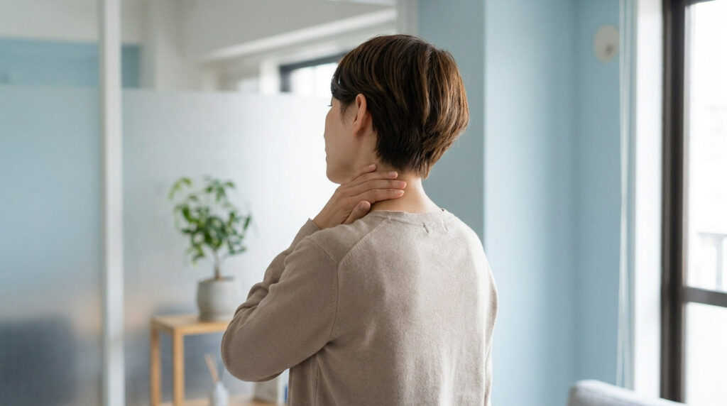 Une personne touche la zone de son cou où se situe un ganglion occipital potentiellement enflé.