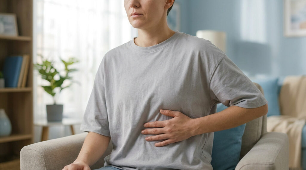 Une personne assise dans un salon tenant sa poitrine avec douleur, signe possible d'une côte fêlée.