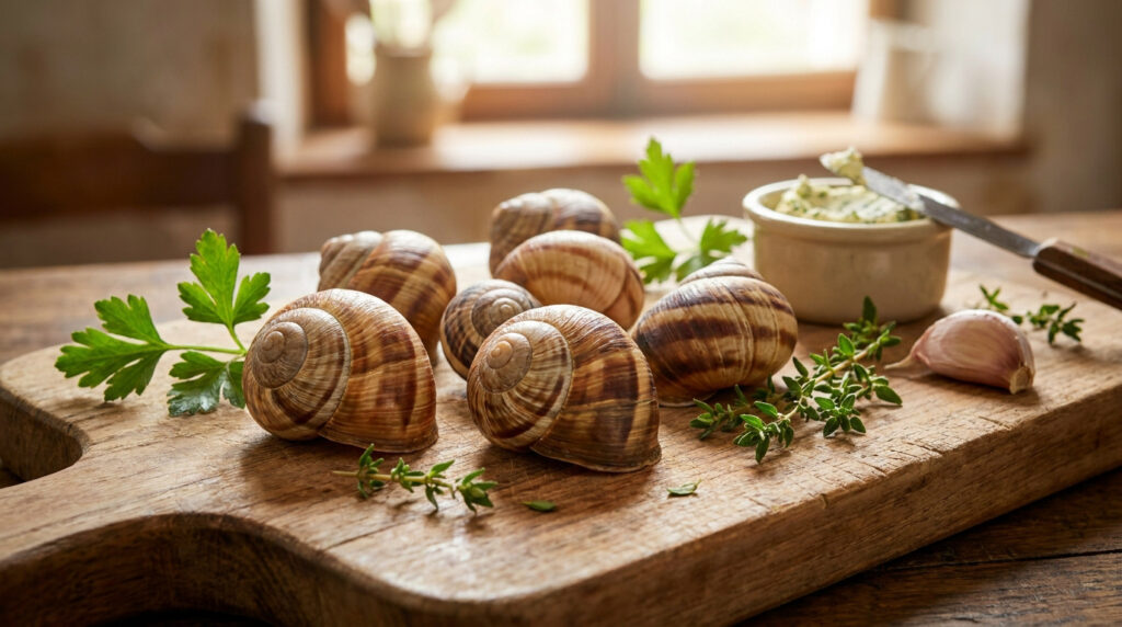 Escargots comestibles avec beurre à l'ail, persil et thym sur une planche en bois rustique.