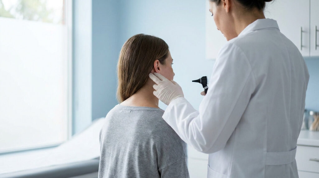 Une médecin examine une bosse derrière l'oreille d'une patiente à l'aide d'un otoscope dans un cabinet médical.