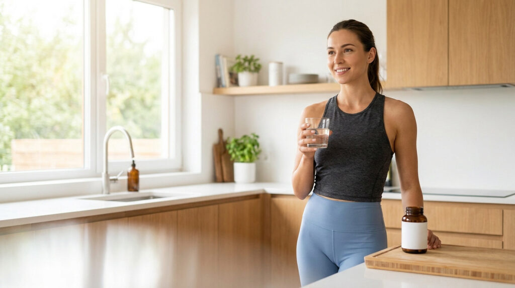 Une femme souriante en tenue de sport tenant un verre d'eau dans sa cuisine lumineuse.