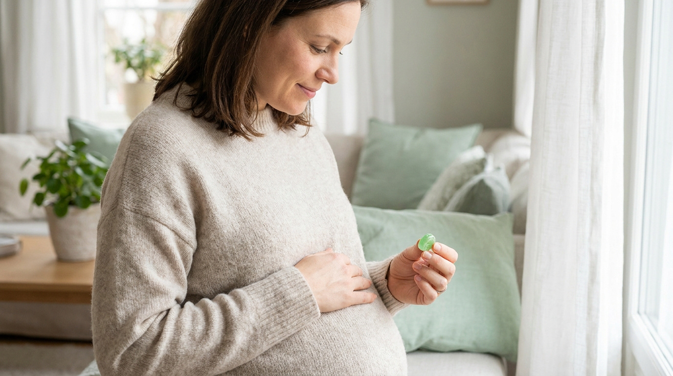 Une femme enceinte regarde un petit bonbon vert dans sa main tout en tenant son ventre, dans un salon lumineux.