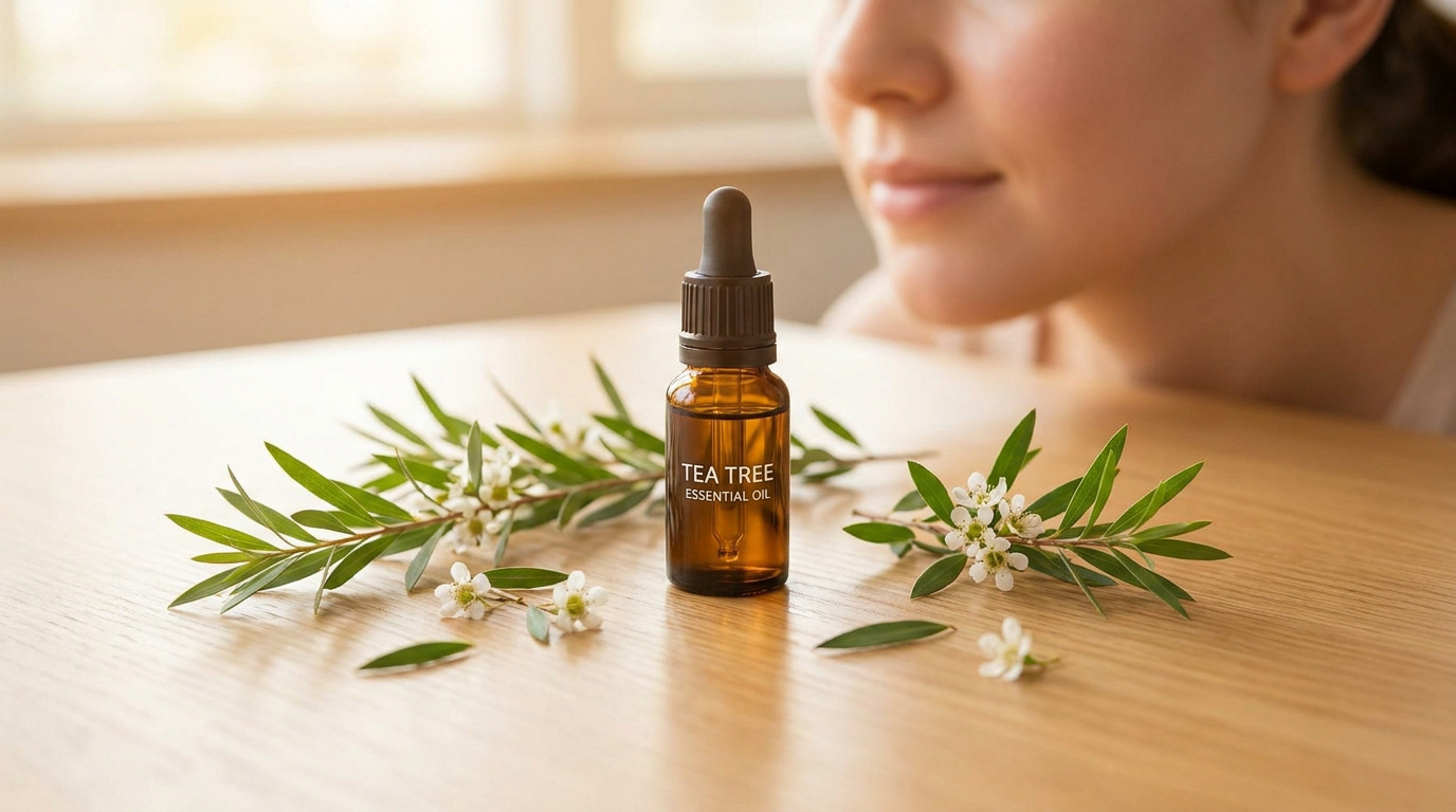 Flacon d'huile essentielle de tea tree posé sur une table en bois avec des branches de melaleuca et une femme en fond.