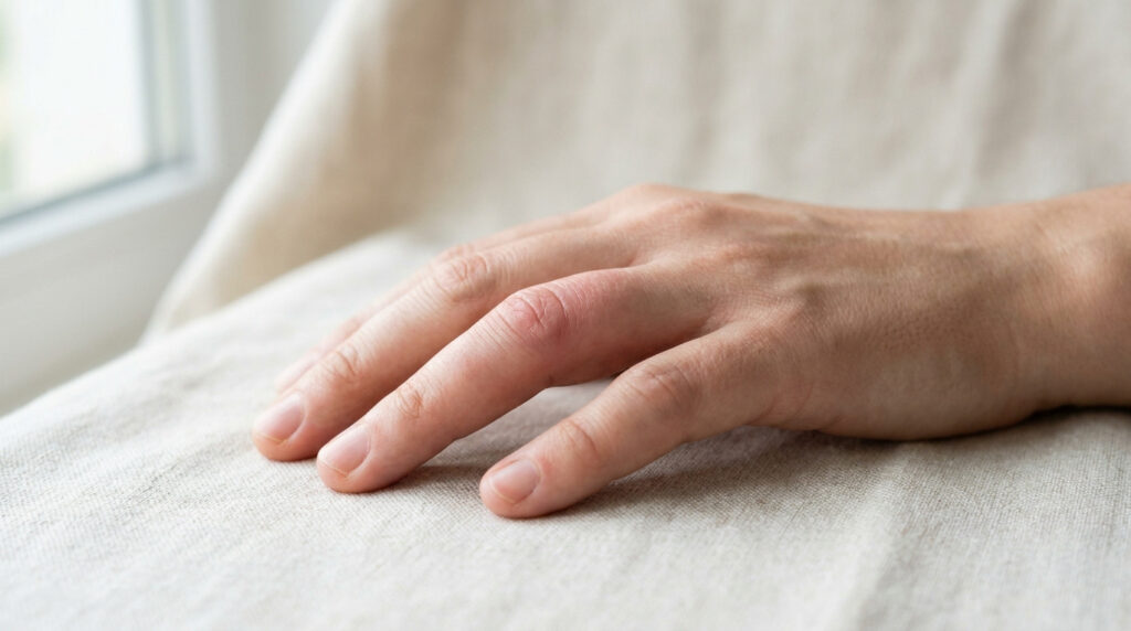 Une main humaine posée sur un tissu clair montrant un annulaire visiblement enflé au niveau de l'articulation.