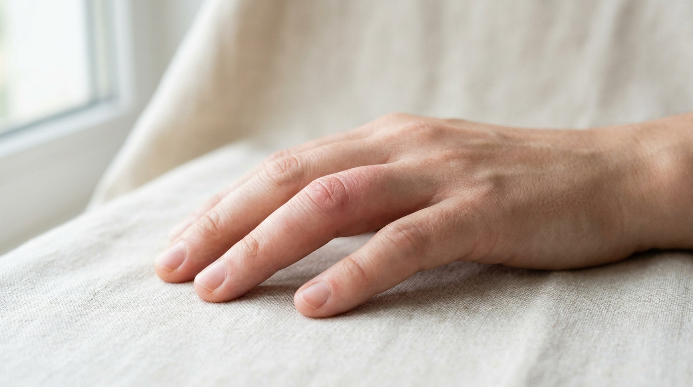 Une main humaine posée sur un tissu clair montrant un annulaire visiblement enflé au niveau de l'articulation.