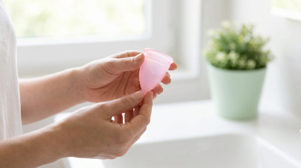 Une femme tient une coupe menstruelle en silicone rose clair entre ses mains dans une salle de bain lumineuse.