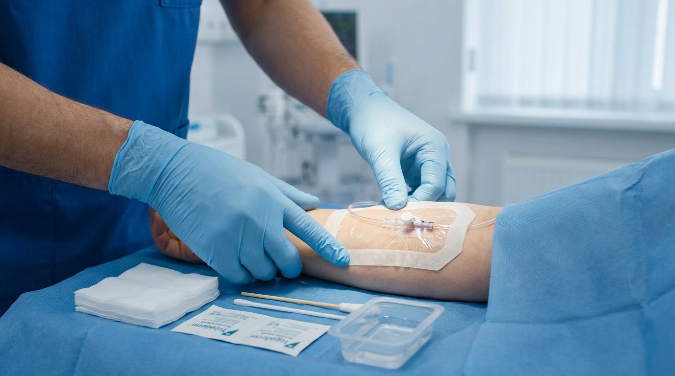 Infirmier en gants bleus changeant le pansement stérile d'un cathéter veineux sur le bras d'un patient.