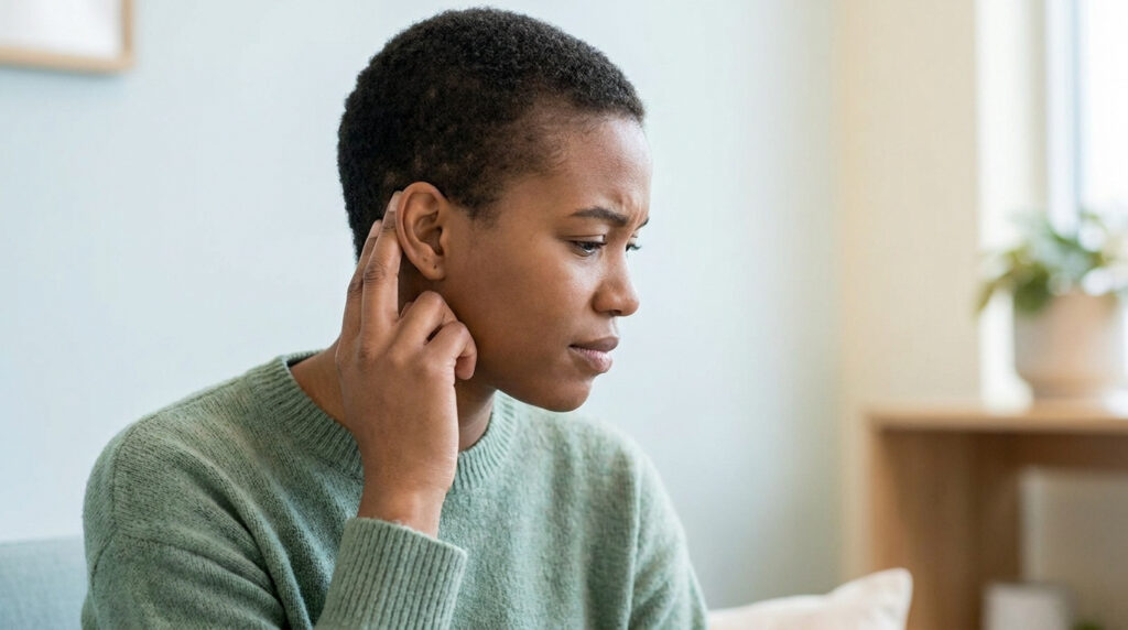 Une femme à l'air préoccupé touche doucement la zone derrière son oreille, suggérant une gêne ou une douleur.