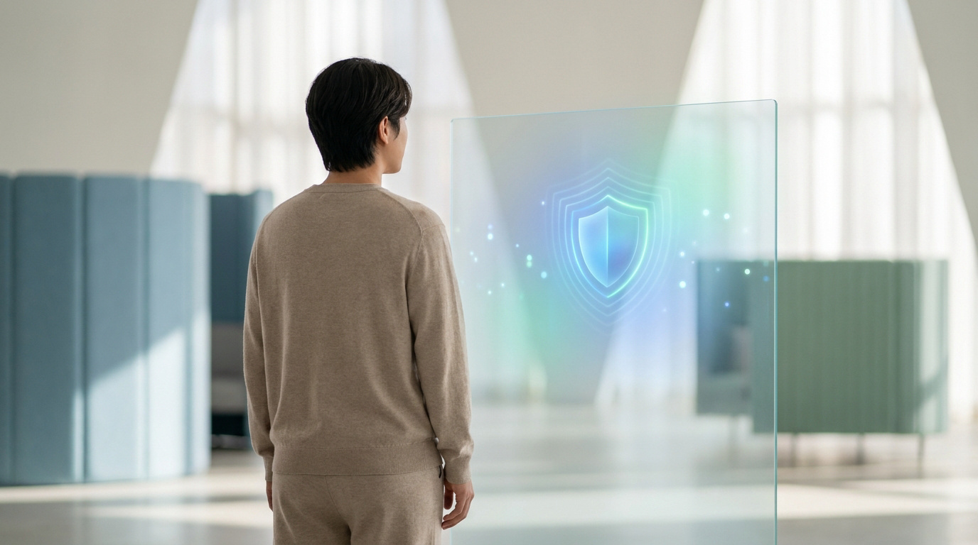 Une personne de dos regarde un écran numérique transparent affichant une icône de bouclier lumineux symbolisant la protection.