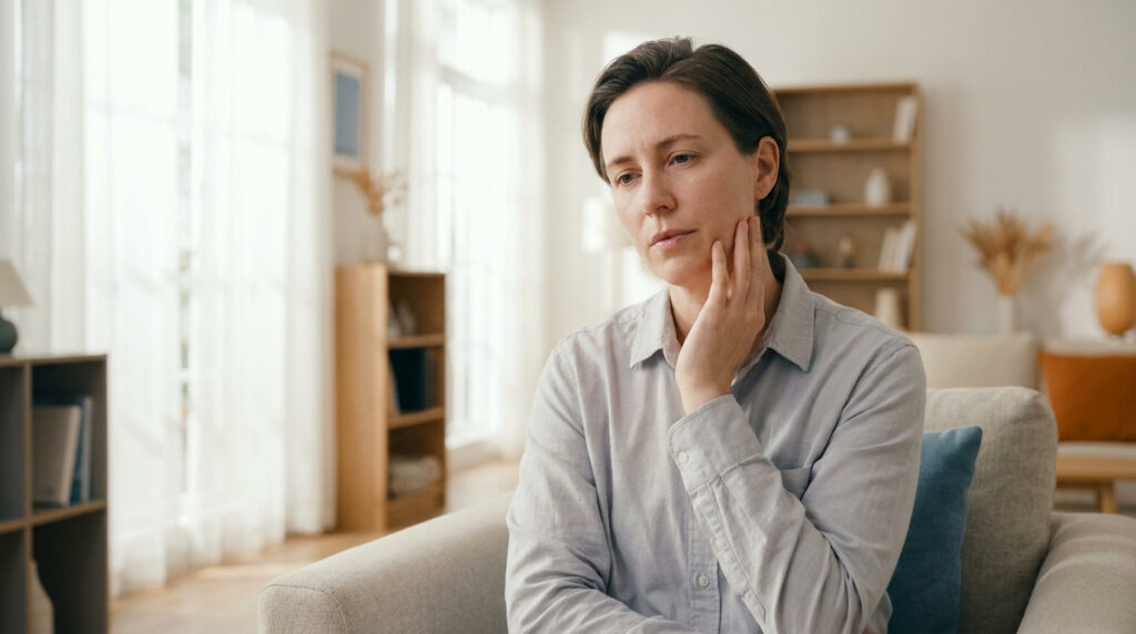 Une femme assise sur un canapé, touchant son cou avec une expression préoccupée, évoquant une douleur au ganglion.