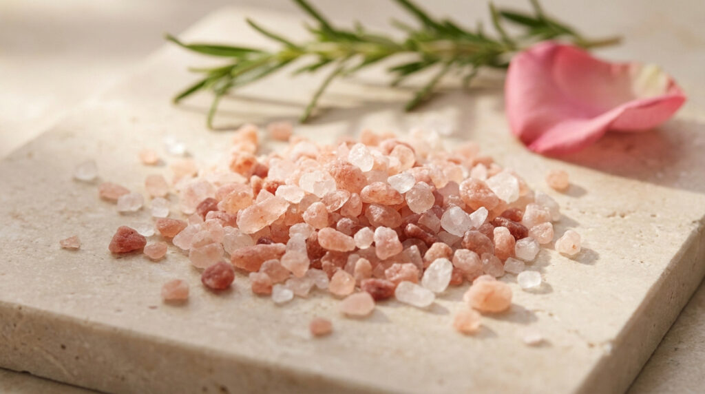 Gros tas de cristaux de sel rose de l'Himalaya sur une plaque de pierre avec un brin de romarin et un pétale de rose.