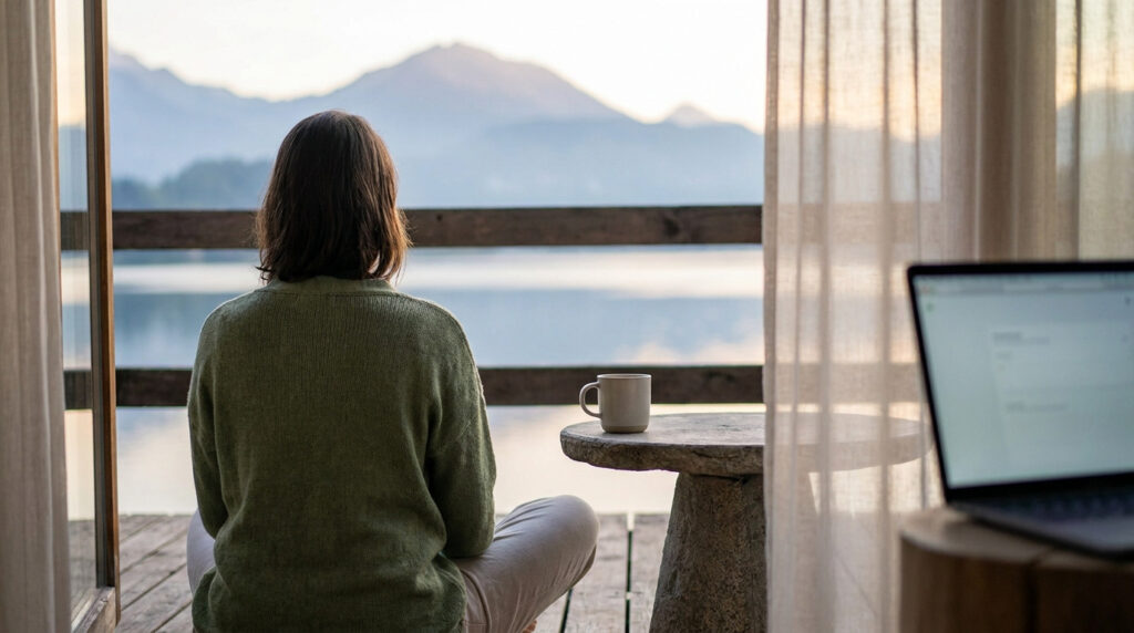 Une femme assise en méditation sur une terrasse face à un lac et des montagnes, avec un ordinateur à proximité.