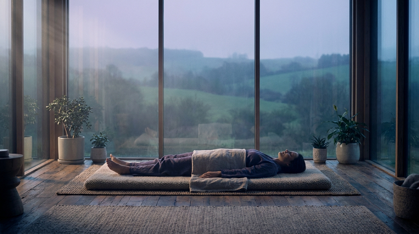 Une personne allongée en position de repos sur un tapis, face à une grande baie vitrée avec vue sur la campagne.