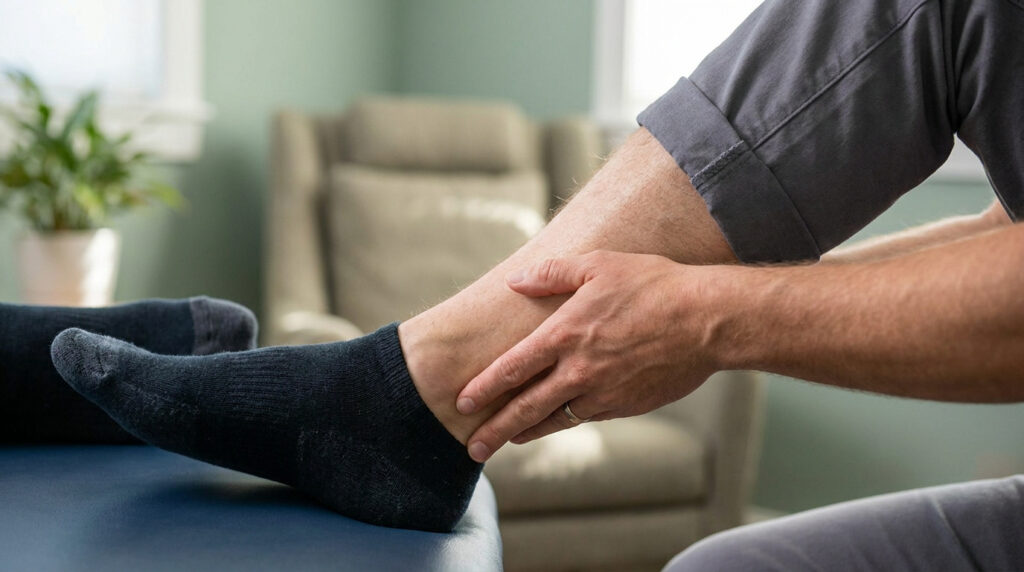 Une personne tient sa cheville douloureuse, illustrant les symptômes d'une bursite du tendon d'Achille.