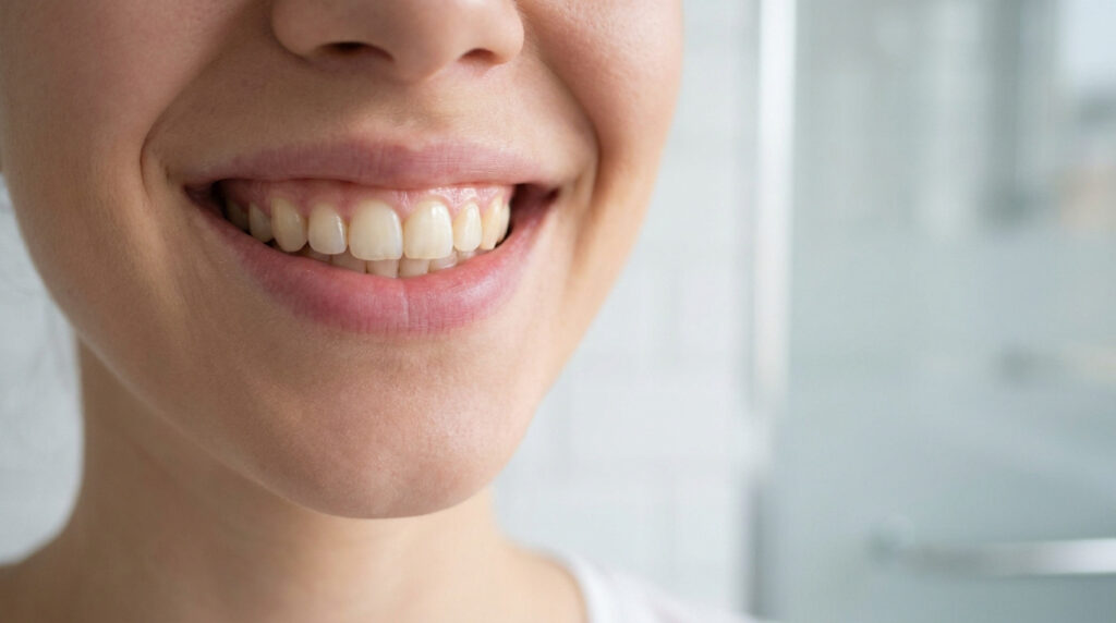 Gros plan sur le sourire d'une femme montrant des taches jaunes sur ses dents.