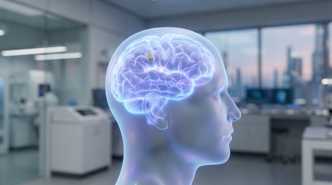 Représentation 3D d'une tête humaine avec un implant cérébral lumineux dans un environnement de laboratoire médical.