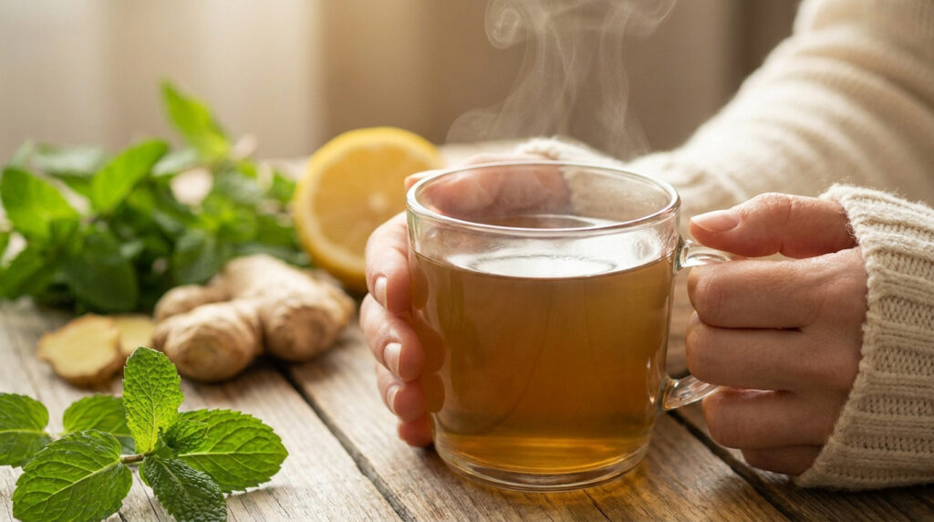Une personne tenant une tasse de tisane chaude fumante avec du gingembre, du citron et de la menthe fraîche.