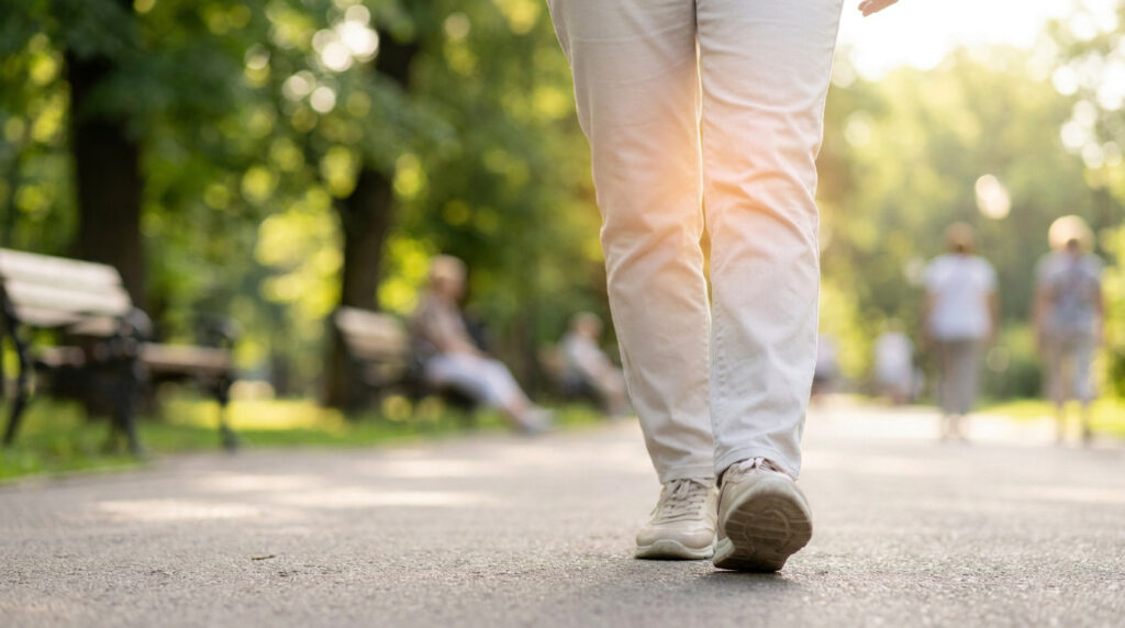 Une personne marche sur un chemin dans un parc sous un soleil doux, se concentrant sur ses pas.