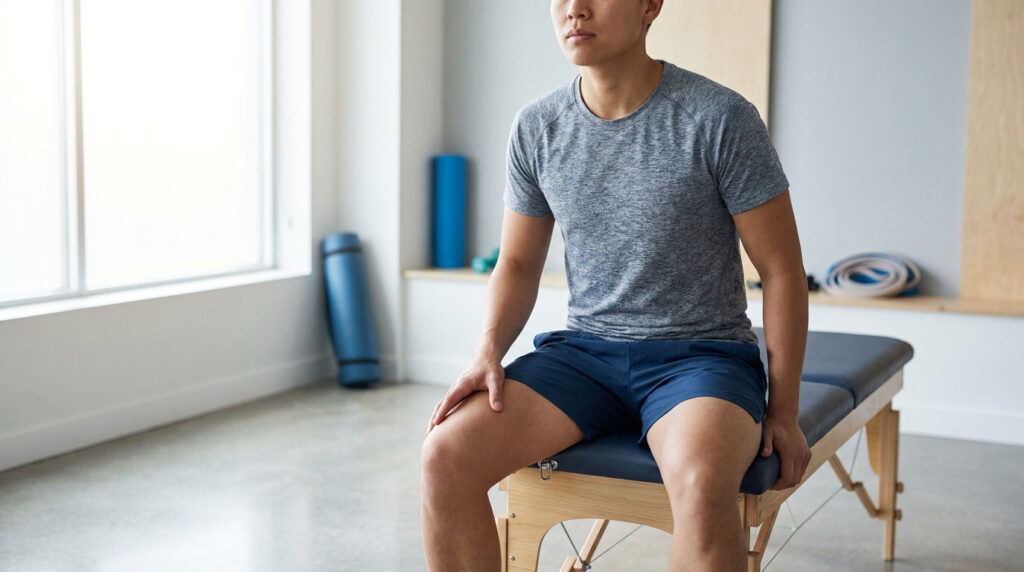 Un jeune homme en tenue de sport assis sur une table de kinésithérapie dans une salle lumineuse.