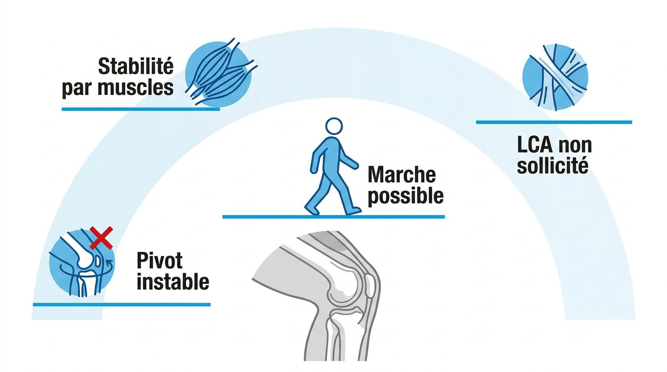Schéma expliquant la stabilité du genou lors de la marche avec un ligament croisé rompu