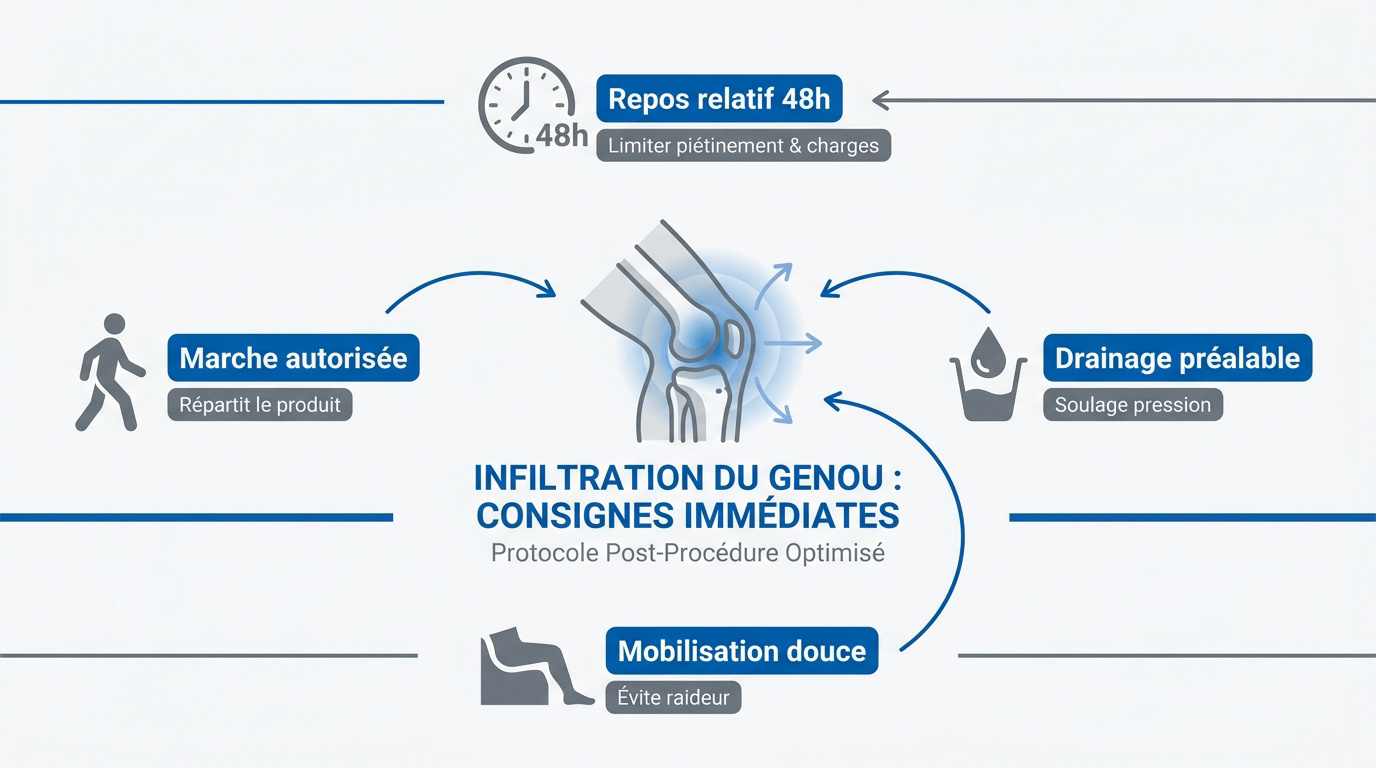 Infographie résumant les consignes de marche et de repos après une infiltration du genou