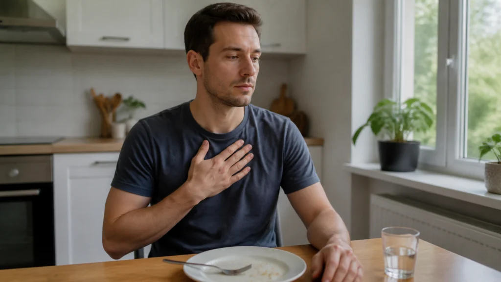 Illustration éditoriale pour l’article « Extrasystole après repas : comprendre ce cœur qui saute »