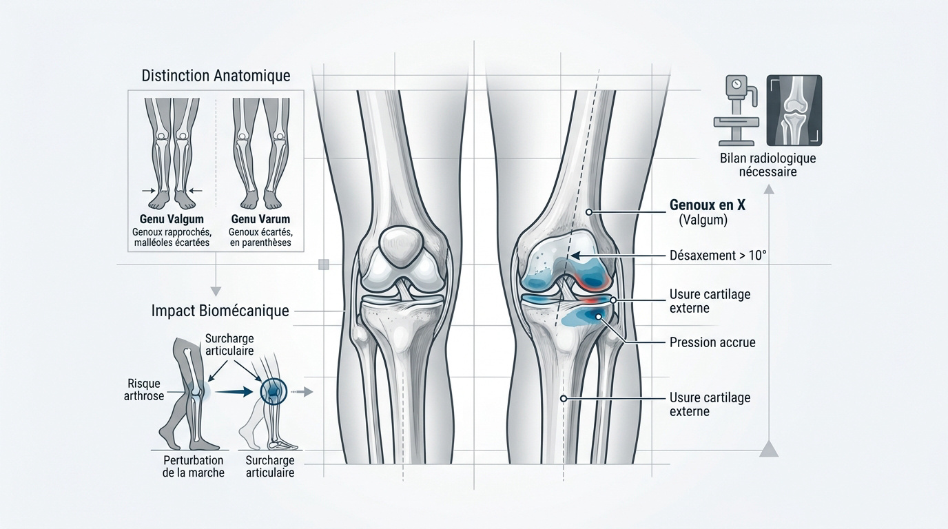 Schéma anatomique du genu valgum montrant l'impact des pressions sur le cartilage externe du genou