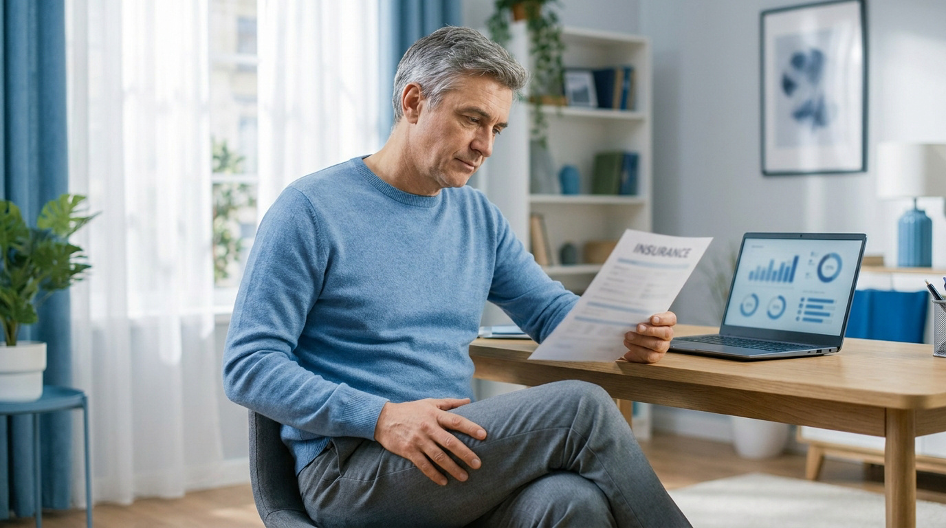 Un homme d'âge mûr lit un document d'assurance avec attention à son bureau avec un ordinateur portable.