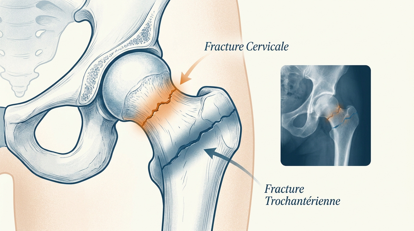 Illustration médicale montrant les différents types de fractures du col du fémur et de la hanche