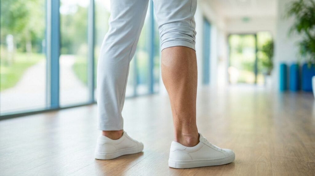 Vue latérale des jambes d'une personne marchant dans un couloir moderne après une opération de la cheville.