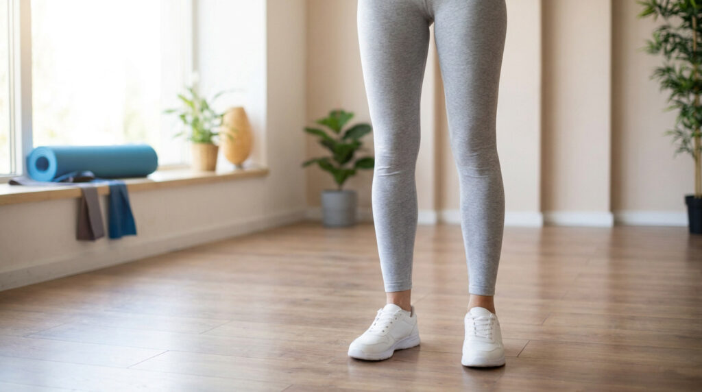 Une personne en legging gris et baskets debout dans un studio, montrant un alignement des jambes.
