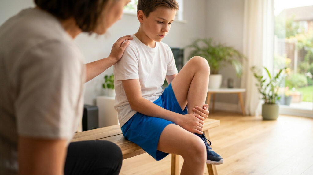 Un jeune garçon assis sur un banc, tenant son genou douloureux, soutenu par la main d'un parent posée sur son épaule.