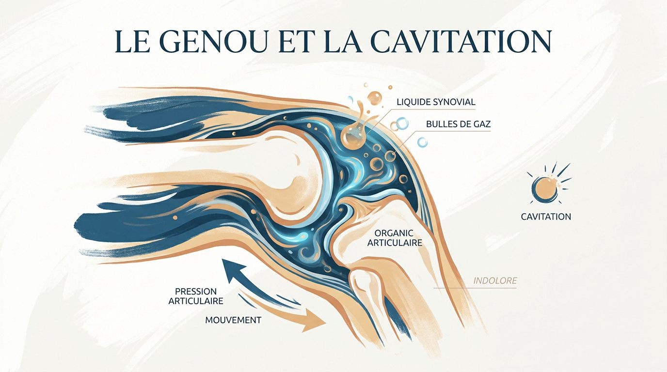 Illustration médicale expliquant le phénomène de cavitation dans l'articulation du genou