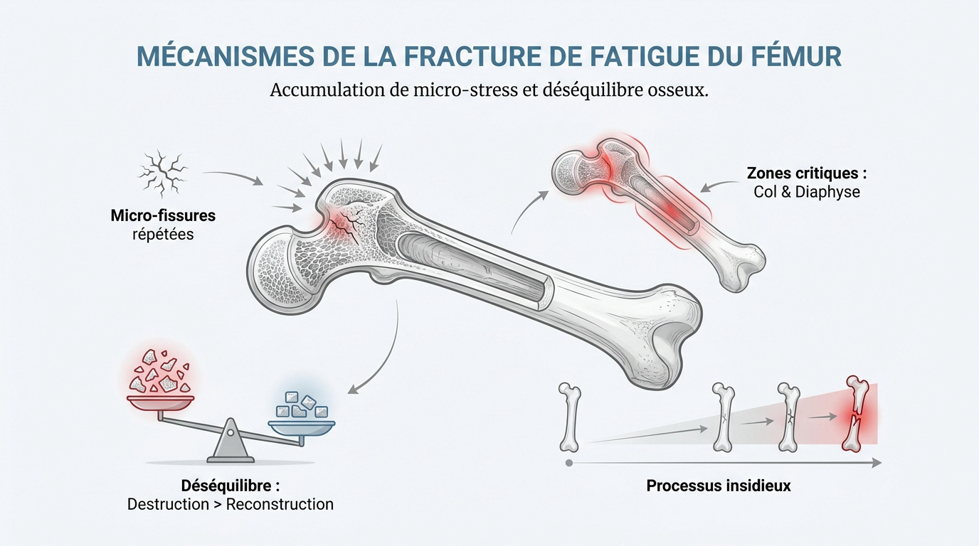 Schéma des mécanismes de surcharge menant à une fracture de fatigue du fémur