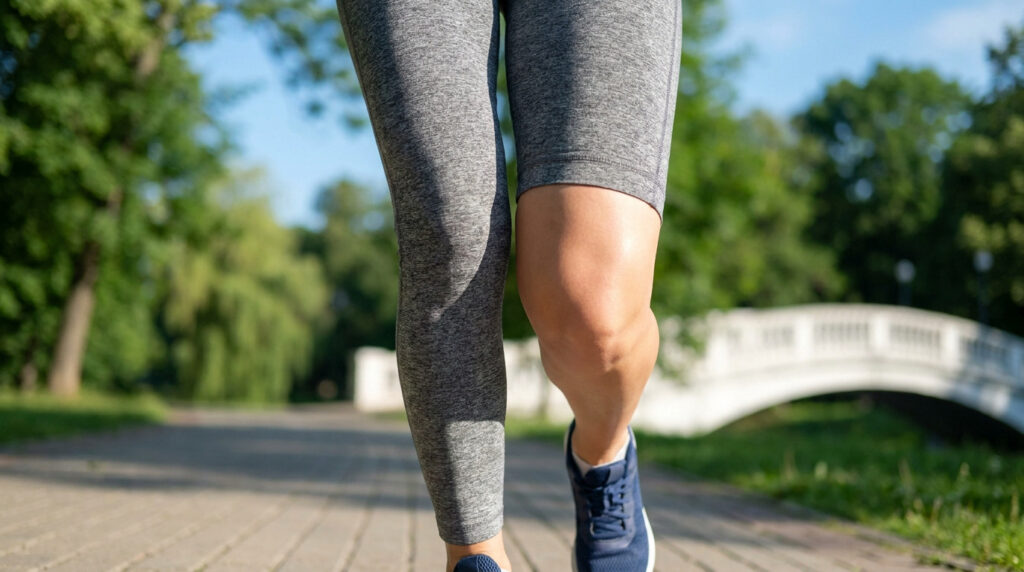 Gros plan sur les jambes d'une personne courant dans un parc, mettant en évidence les genoux pendant l'effort.
