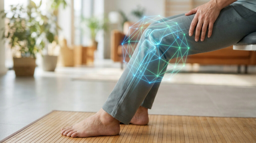 Gros plan sur une jambe avec une superposition graphique 3D montrant l'articulation du genou.